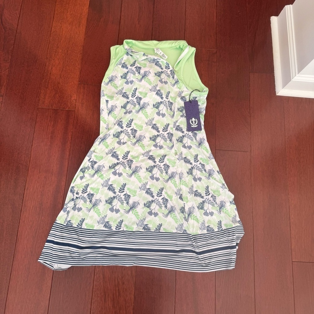 One-Shoulder Sleeveless Dress in Mint & Navy Leaf Print - Picture 2 of 5